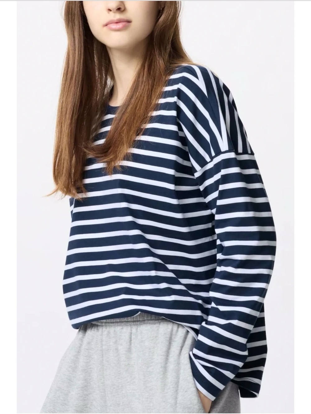 New Uniqlo AIRism cotton Navy and White Striped boxy Long-Sleeve Tee Medium